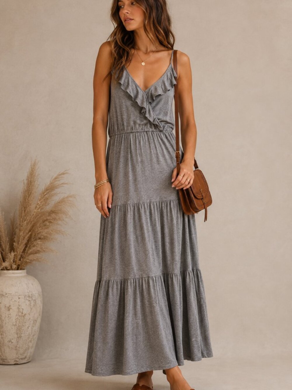 Soft Joie Gray Tiered Maxi Dress Ruffle Spaghetti Strap Jersey Knit Large